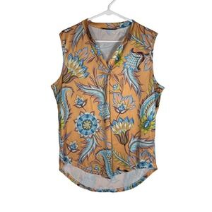 LOVEU.DEAR Womens XL Paisley Floral Sleeveless V-Neck Blouse Tan Blue Boho Top